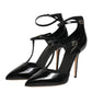 Black Leather T-STRAPS Heels Sandals Shoes