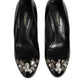 Black Leather Crystals Heels Pumps Shoes