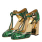 Green Leather T-STRAPS Heels Sandals Shoes