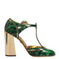 Green Leather T-STRAPS Heels Sandals Shoes