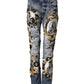 Blue Ripped Embellished Cotton Denim Jeans