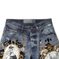 Blue Ripped Embellished Cotton Denim Jeans