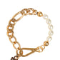 Gold Tone Brass Faux Pearl Logo Embellish Charm Bracelet