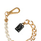 Gold Tone Brass Faux Pearl Logo Embellish Charm Bracelet