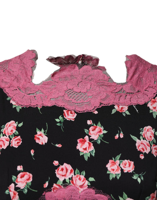 Black Pink Floral Lace Silk Sheath Dress