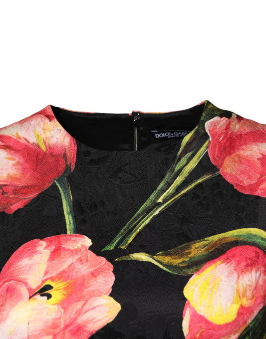 Black Floral Print Viscose A-line Mini  Dress