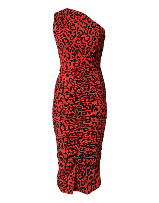 Red Leopard Print Nylon Sheath Midi Dress