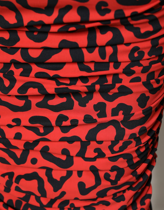 Red Leopard Print Nylon Sheath Midi Dress