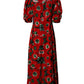 Red Floral Print Nylon A-line Midi Dress