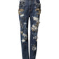 Blue Cotton Rhinestone Embellish Denim Jeans