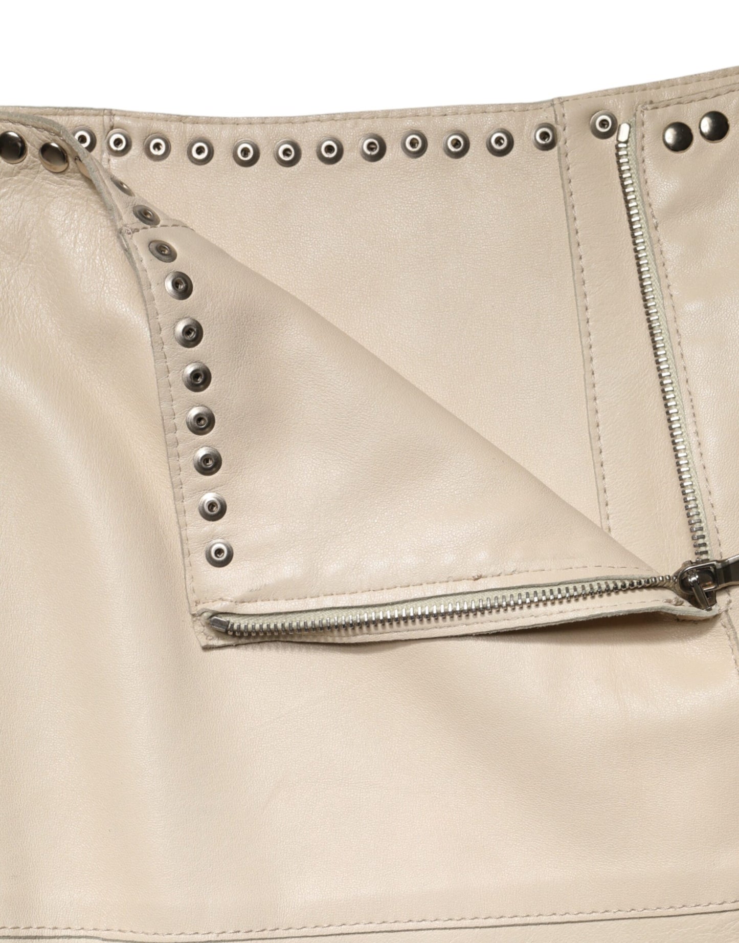 Beige Leather Studs Mid Waist Mini Skirt