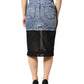 Blue Black Cotton Denim Sheer Midi Skirt