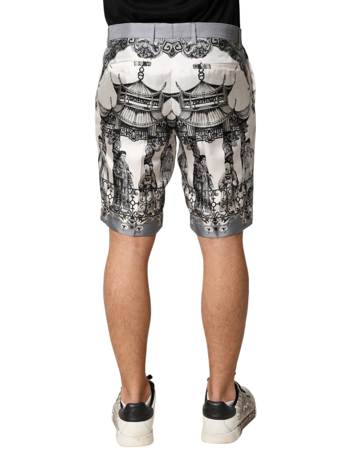 White Japanese Asian Print Silk Bermuda Shorts
