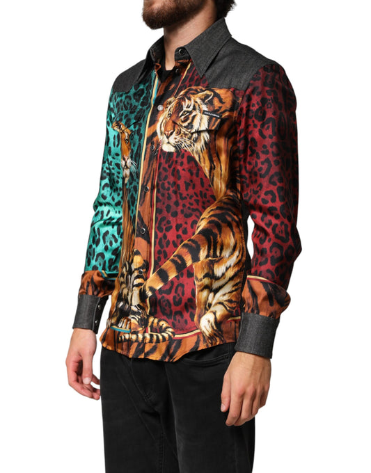 Multicolor Tiger Leopard Print Silk Men Shirt