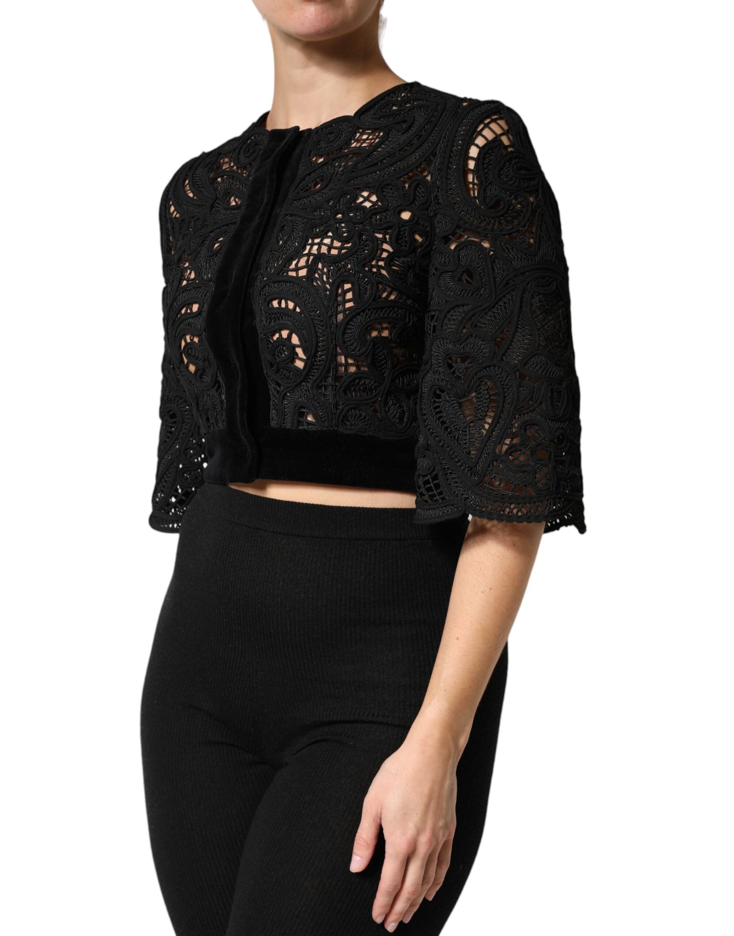 Black Floral Lace Cropped Coat  Jacket