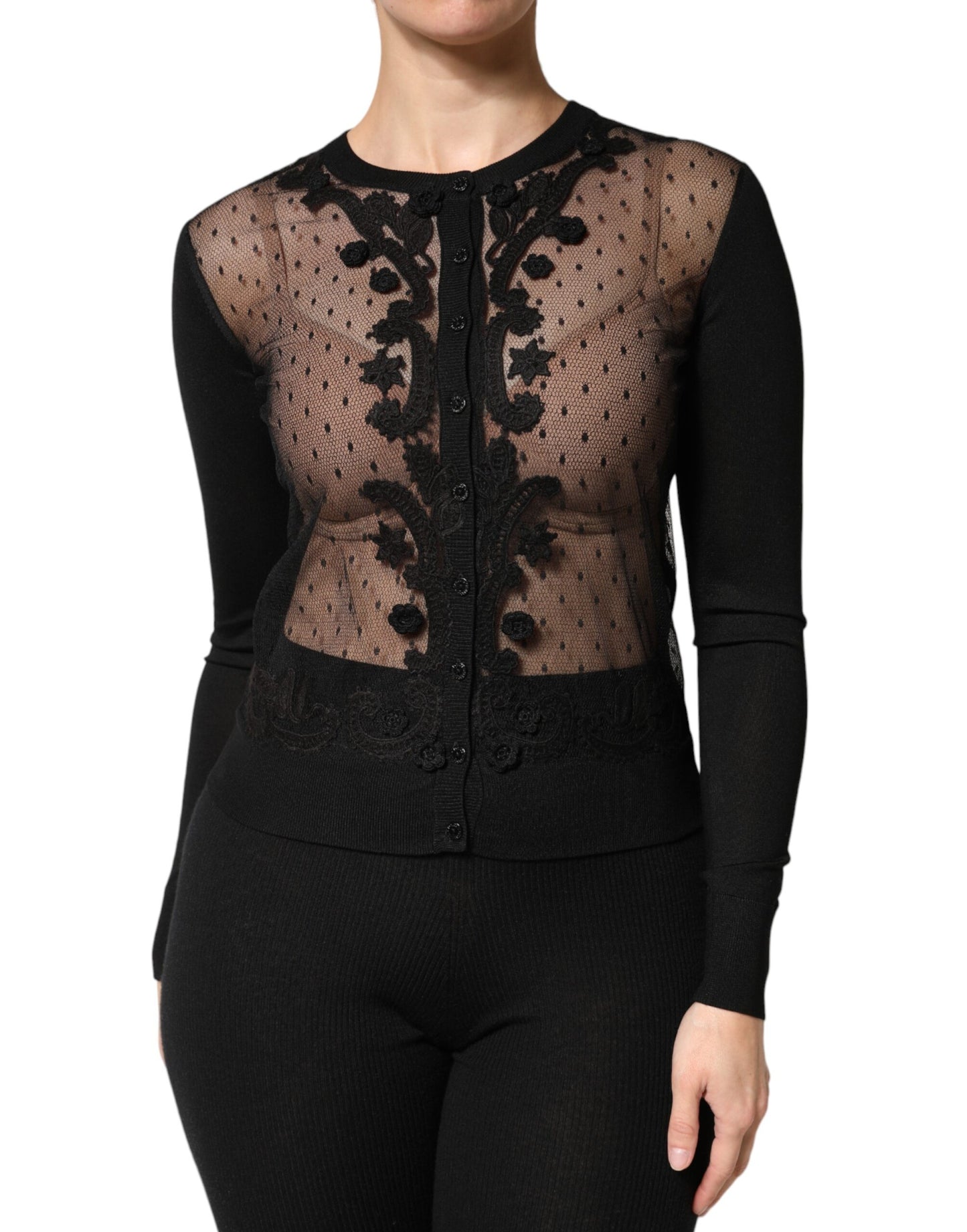 Black Sheer Button Down Cardigan Sweater