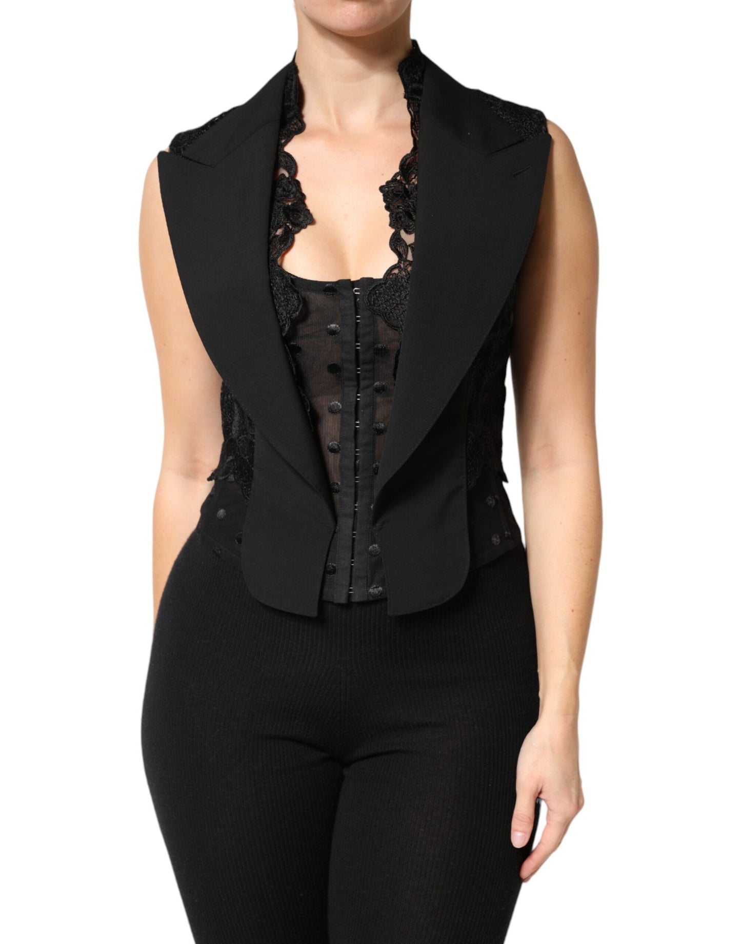 Black Lace V-neck Slit Hem Gathered Waist Vest Jacket