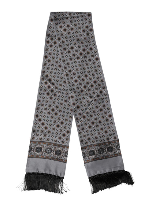 Gray Patterned Fringes Neck Foulard Scarf