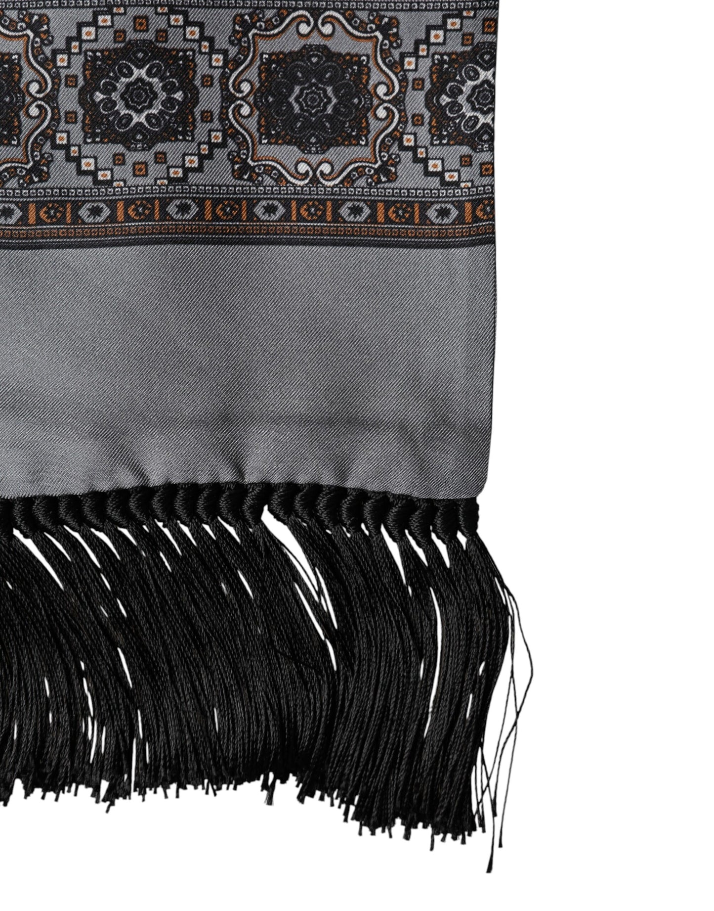Gray Patterned Fringes Neck Foulard Scarf