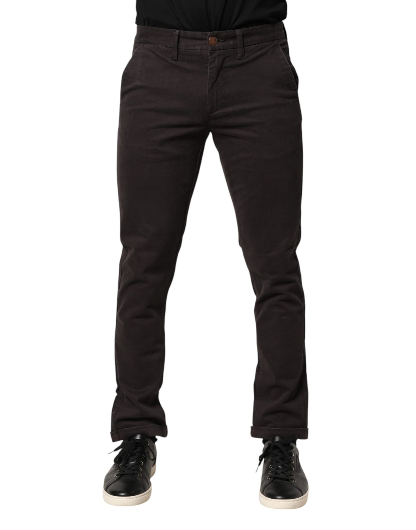 Dark Brown Cotton Stretch Skinny Mid Waist Men Trouser Pants