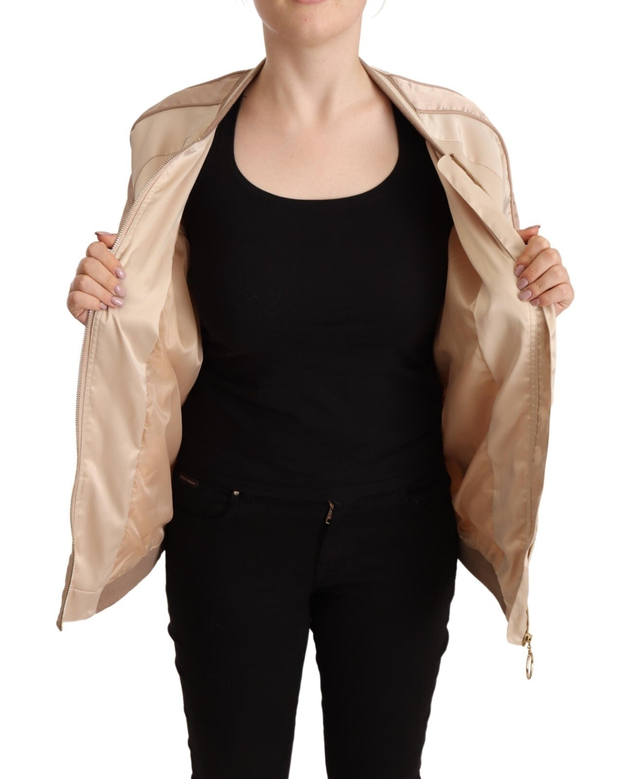 Bomber Full Zip Beige Long Sleeves Polyester Jacket
