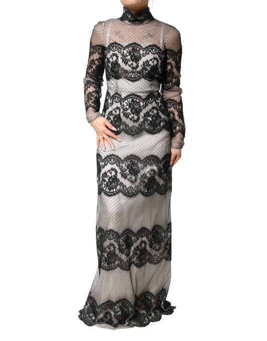 Black White Lace Silk Blend MaxiSheath Dress