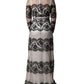 Black White Lace Silk Blend MaxiSheath Dress