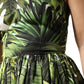 Green Leaves Print Cotton Halter Midi Dress