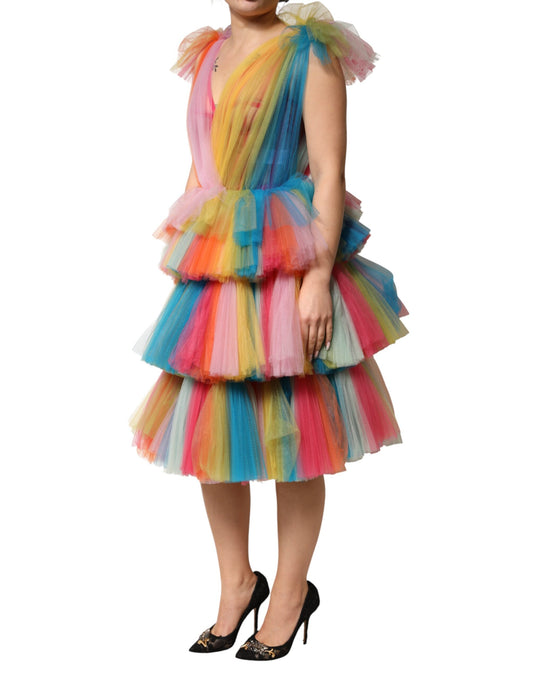 Multicolor Nylon Tiered Tulle Midi Dress