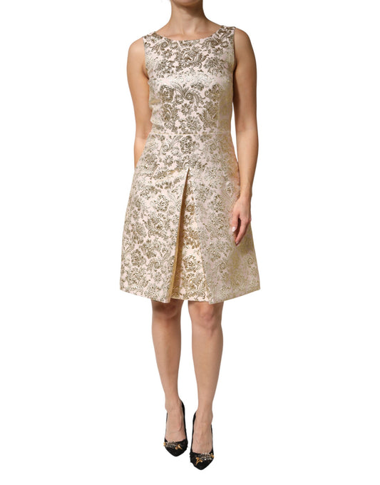 Beige Gold Floral Brocade Sleeveless Dress