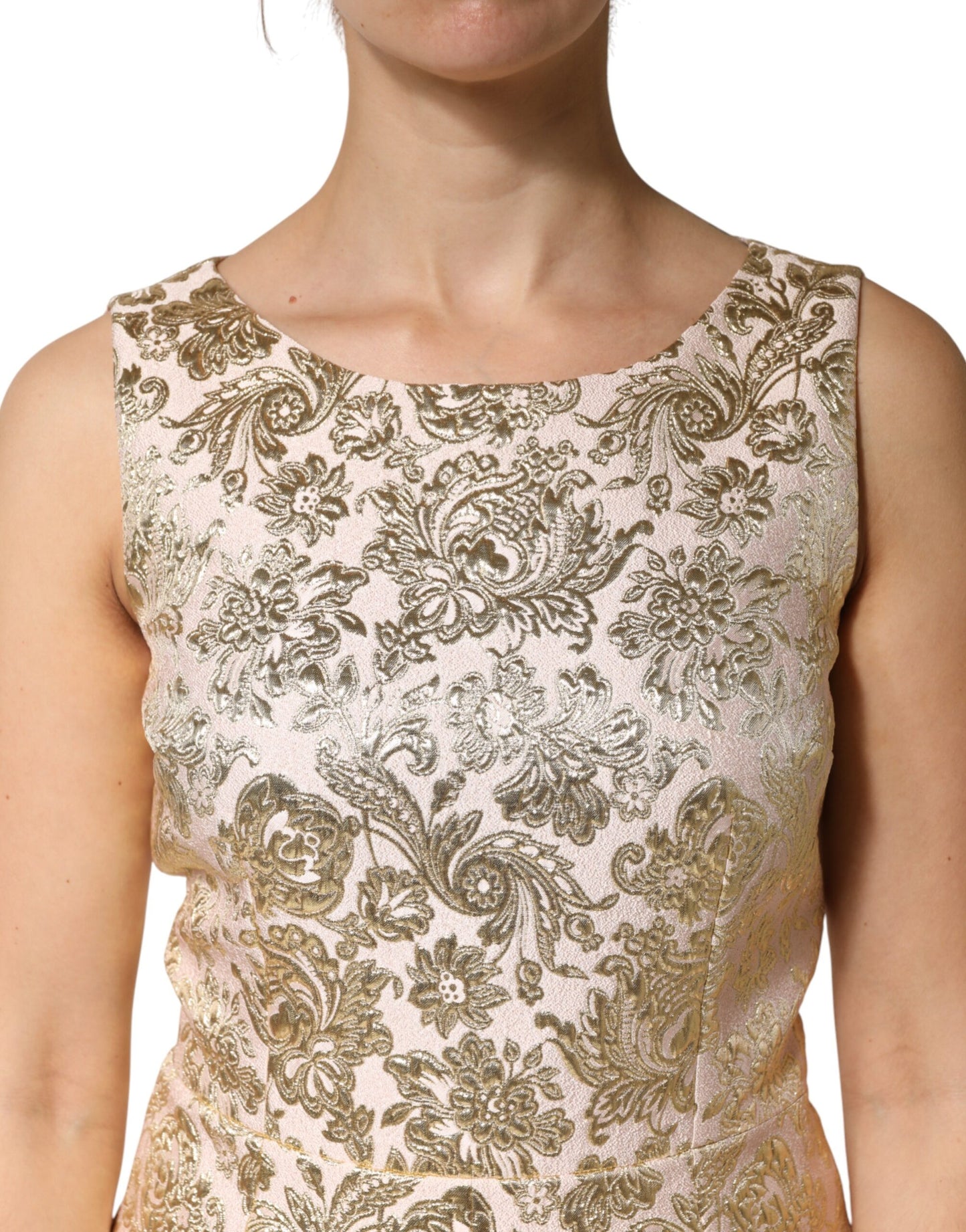 Beige Gold Floral Brocade Sleeveless Dress