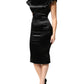 Black Satin Sheath Midi Cap Sleeves Dress