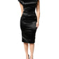 Black Satin Sheath Midi Cap Sleeves Dress