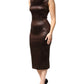 Brown Satin Sheath Midi SleeveLess Dress