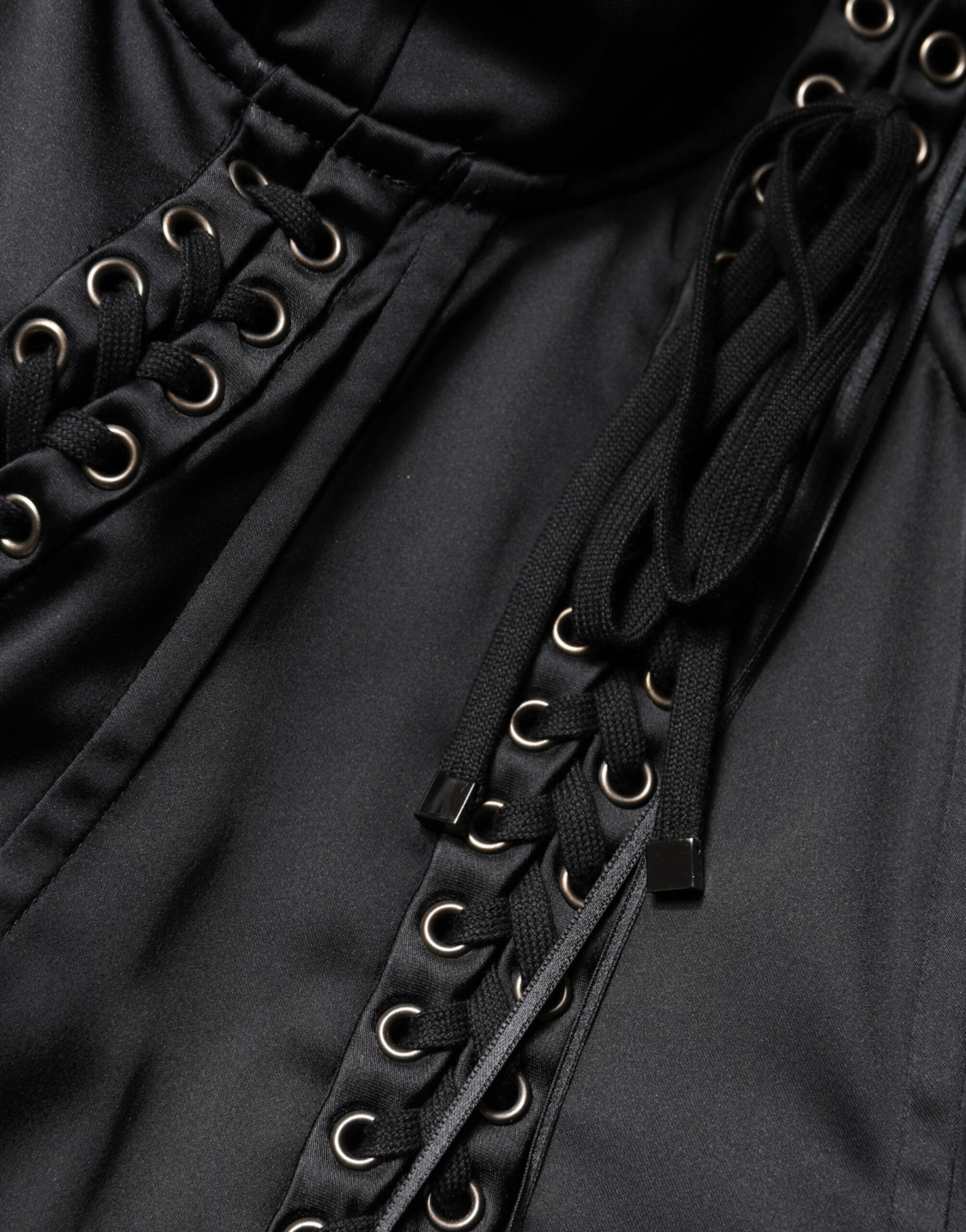 Black Satin Acetate Lace Eyelets Mini Dress