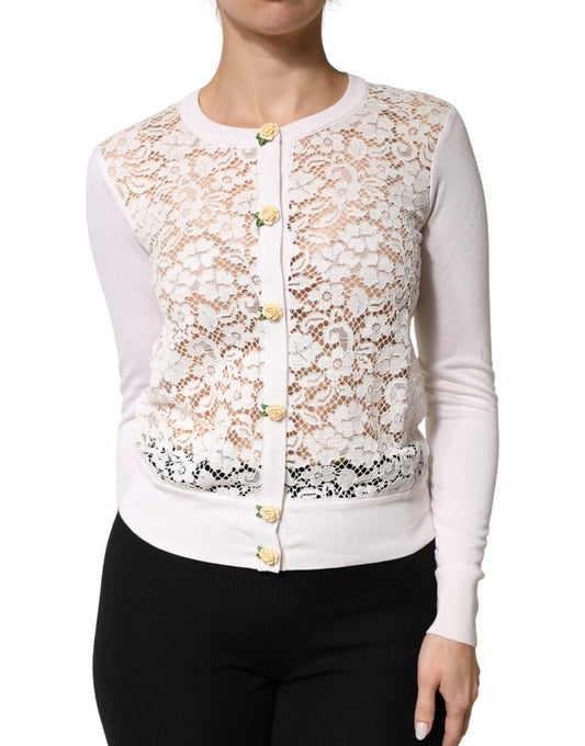 Cream Lace Knit Rose Button Cardigan Sweater