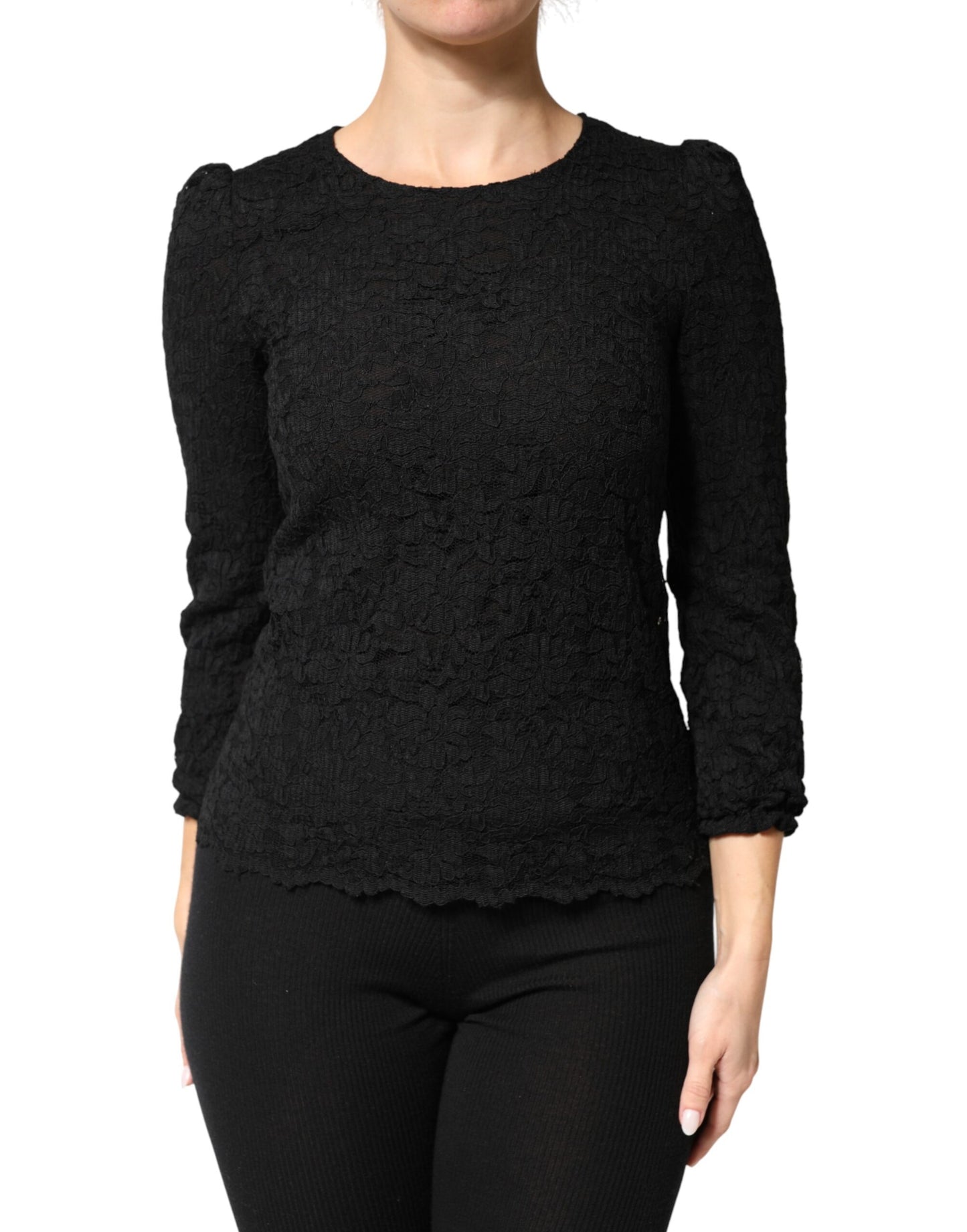 Black Floral Lace Silk Round Neck Blouse Top