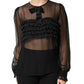 Black Silk Sheer Ruffle Tie-Neck Blouse Top