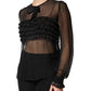 Black Silk Sheer Ruffle Tie-Neck Blouse Top