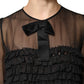 Black Silk Sheer Ruffle Tie-Neck Blouse Top