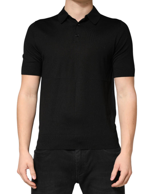 Black Silk Collared Short Sleeve Polo  T-shirt