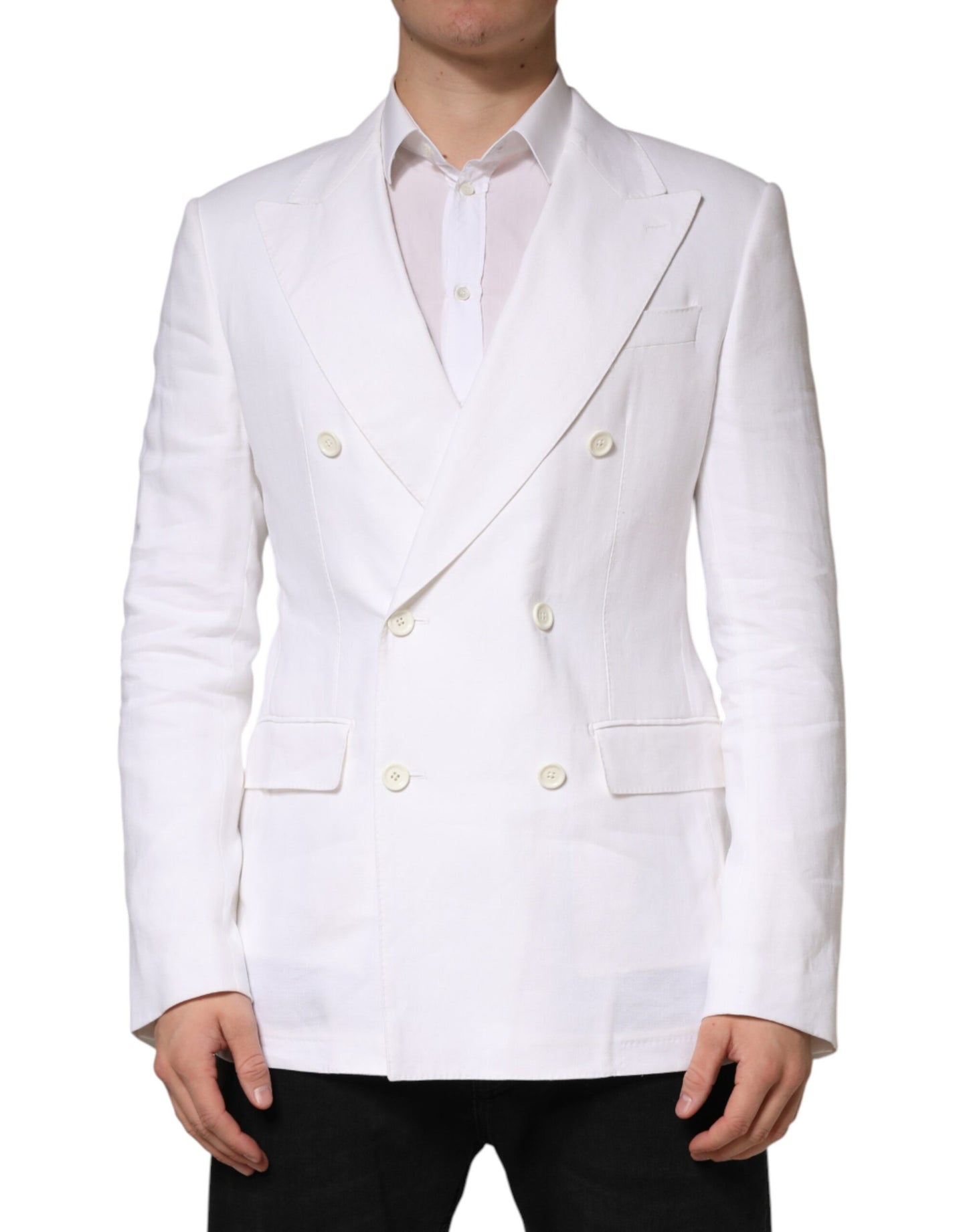 White Linen Double Breasted 2 Button Blazer