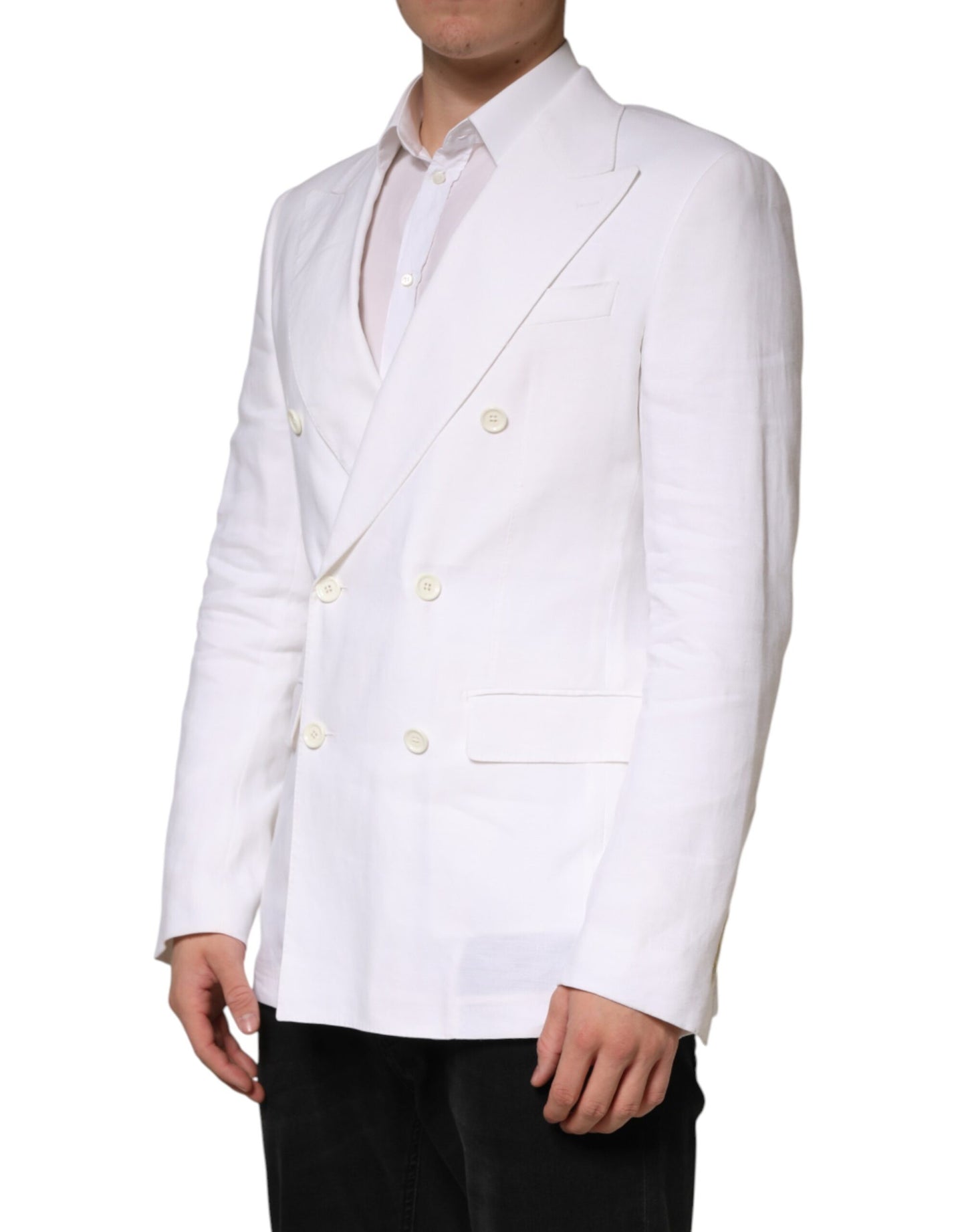 White Linen Double Breasted 2 Button Blazer
