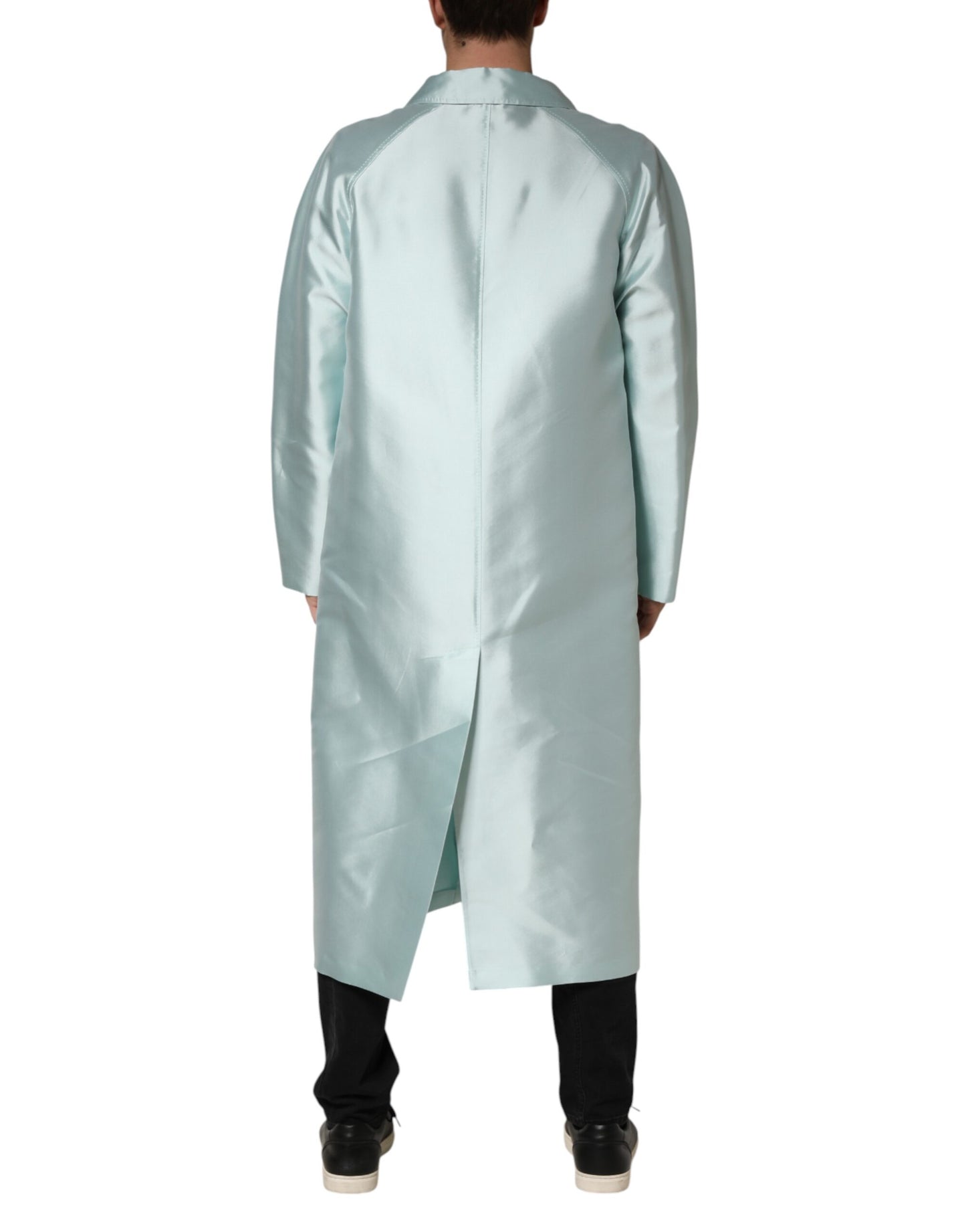 Teal Satin Collared Long Trench Coat Jacket