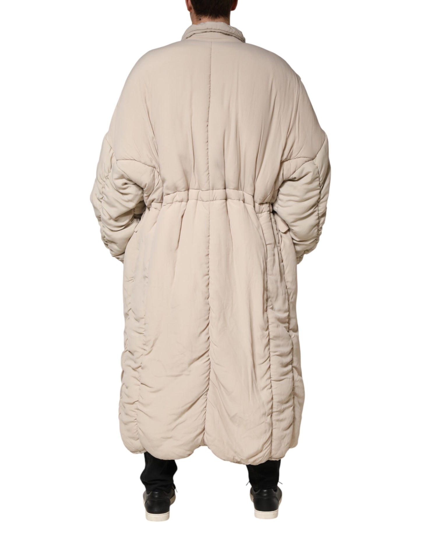 Beige Padded Collared Long Trench Coat Jacket