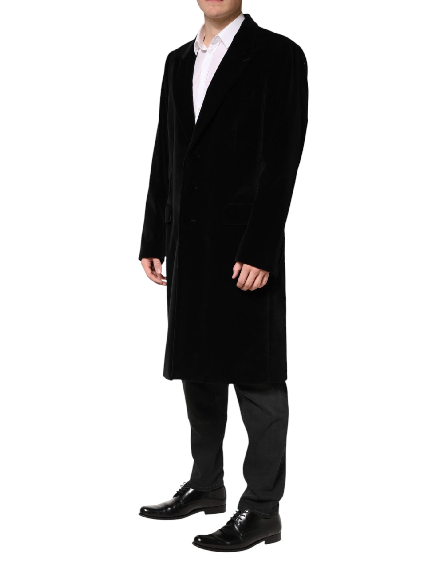 Black Cotton Velvet Long Trench Coat Jacket