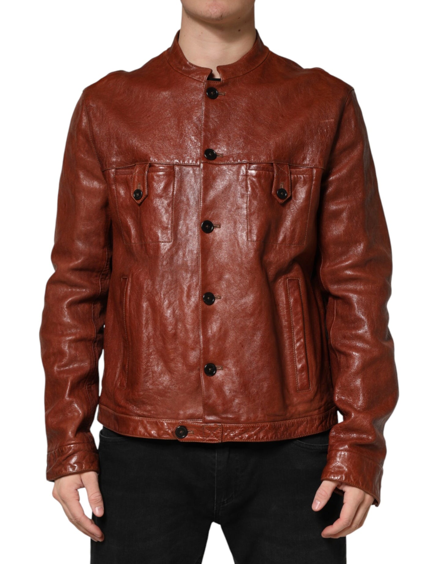 Brown Leather Button Down Men Biker Jacket