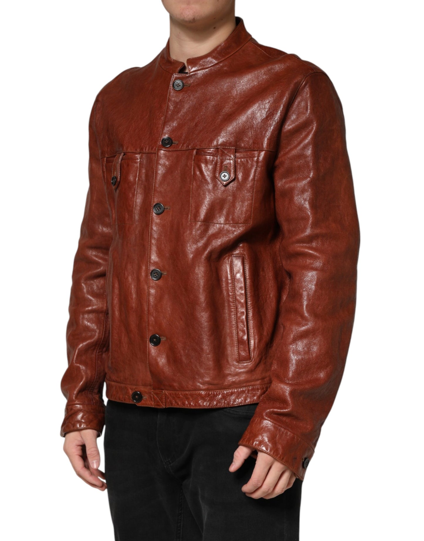 Brown Leather Button Down Men Biker Jacket