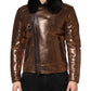 Bronze Leather Fur Full Zip Men Biker Jacket