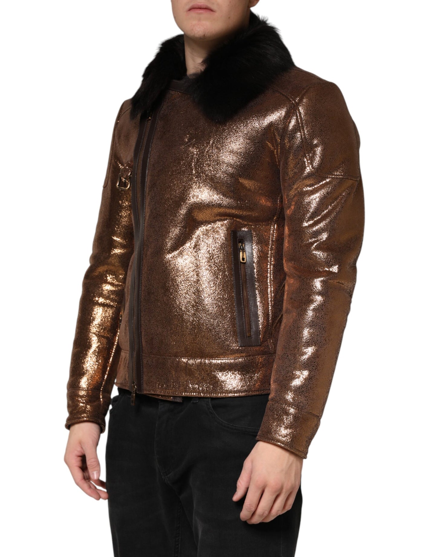 Bronze Leather Fur Full Zip Men Biker Jacket